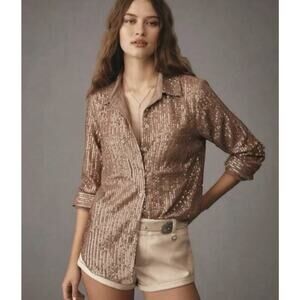 Anthropologie Sequins Remie Button Down Top Blouse XS P Bronze Metallic Party